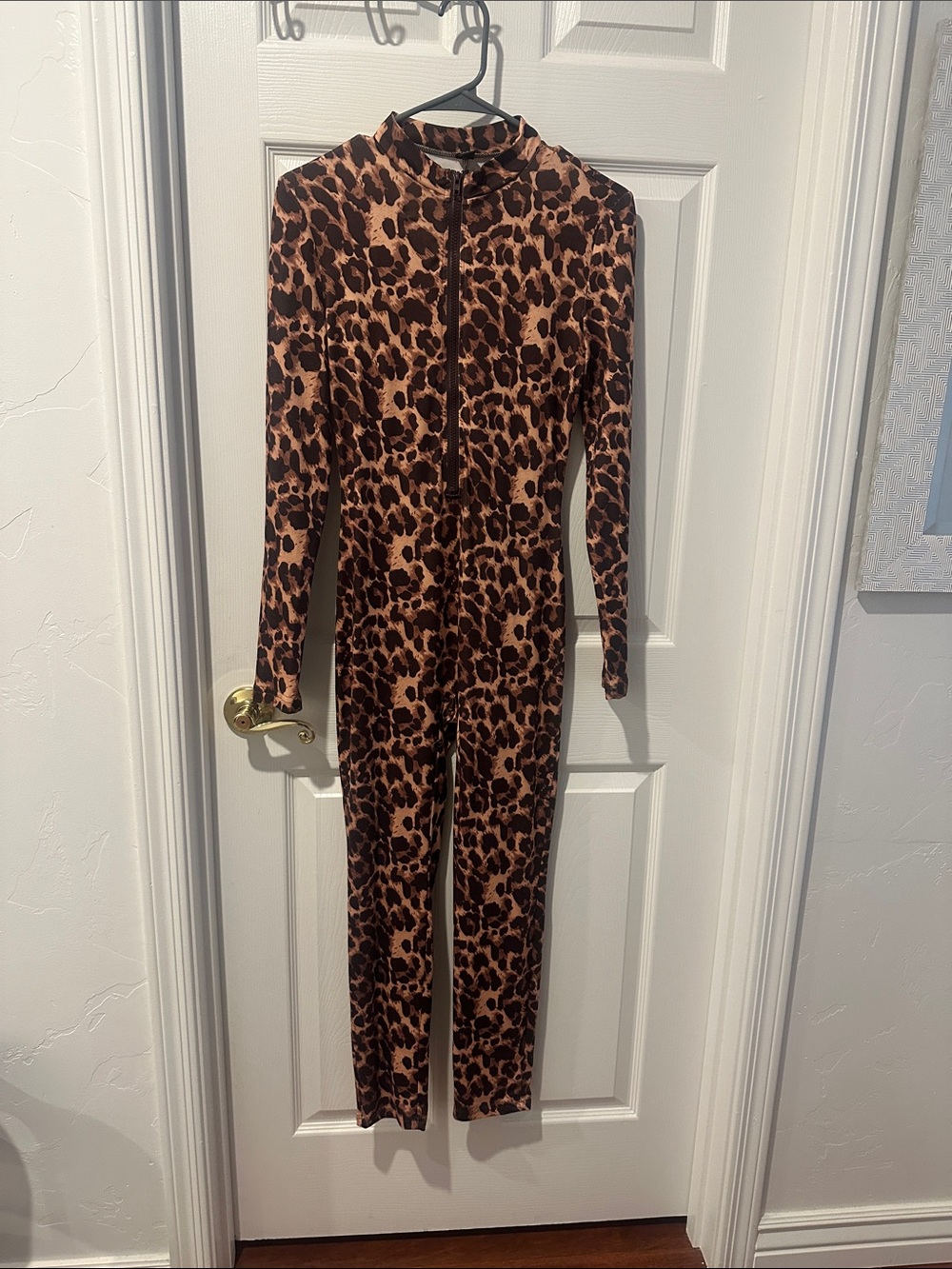 SHEIN Brown & Black Leopard Print Long-Sleeve Jumpsuit